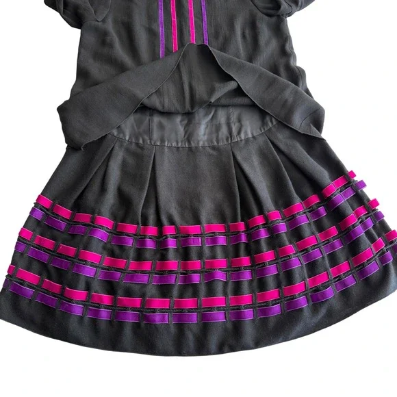 Anna Sui USA‎ Made Wool Woven Velvet Ribbon Peasant Flounce Black Pink Dress 8